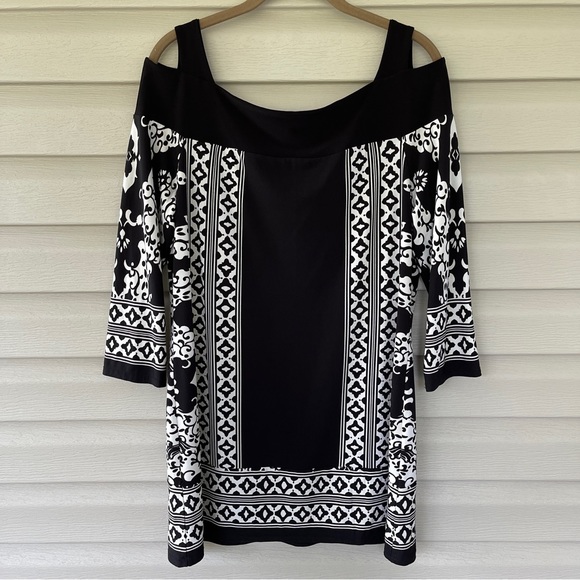 Joseph Ribkoff Cold Shoulder Black and White Mixed Print Tunic Top - Picture 1 of 8